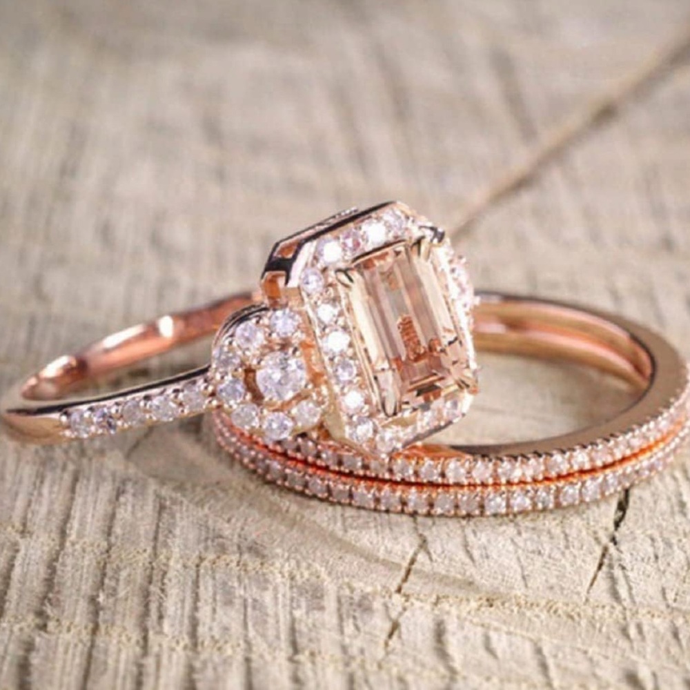 Elegant 18K Rose Gold Filled Morganite Ring Engagement Bridal Women Jewelry Set